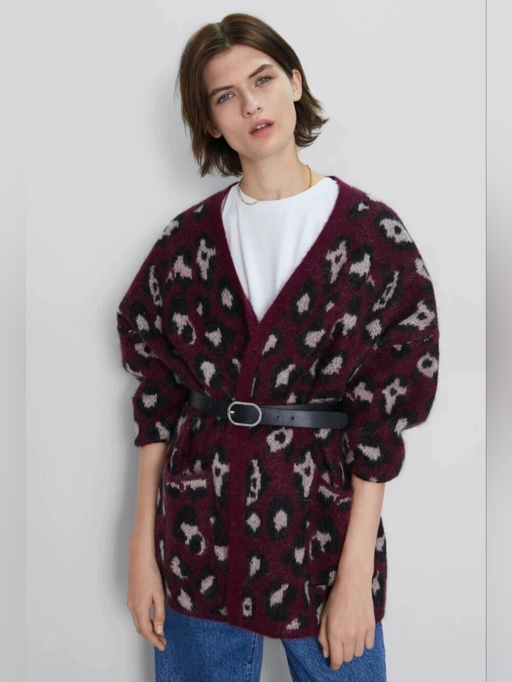 Zara Wool Leopard Cardigan Oversize - Burgundy